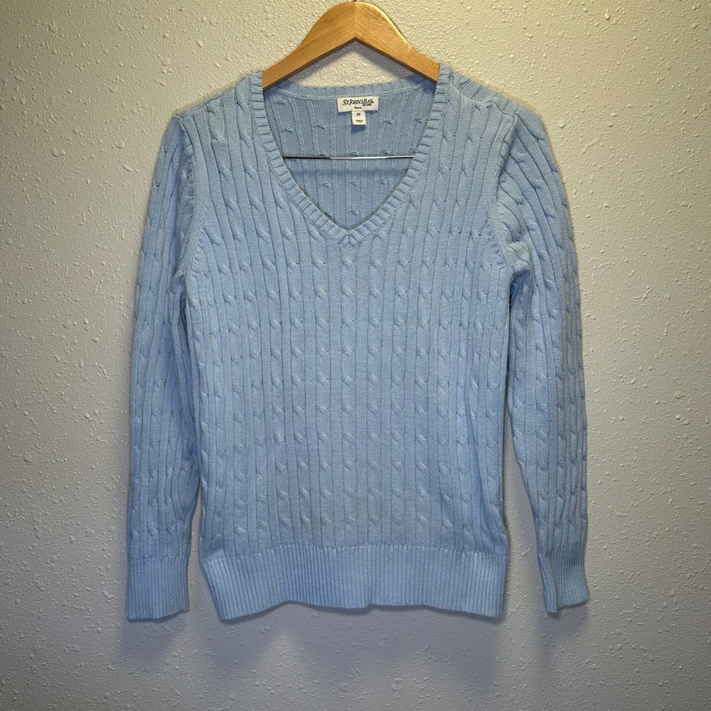 St John's Bay Womens 2X Sweater Cable Knit Baby Blue V-neck Cotton Preppy Casual